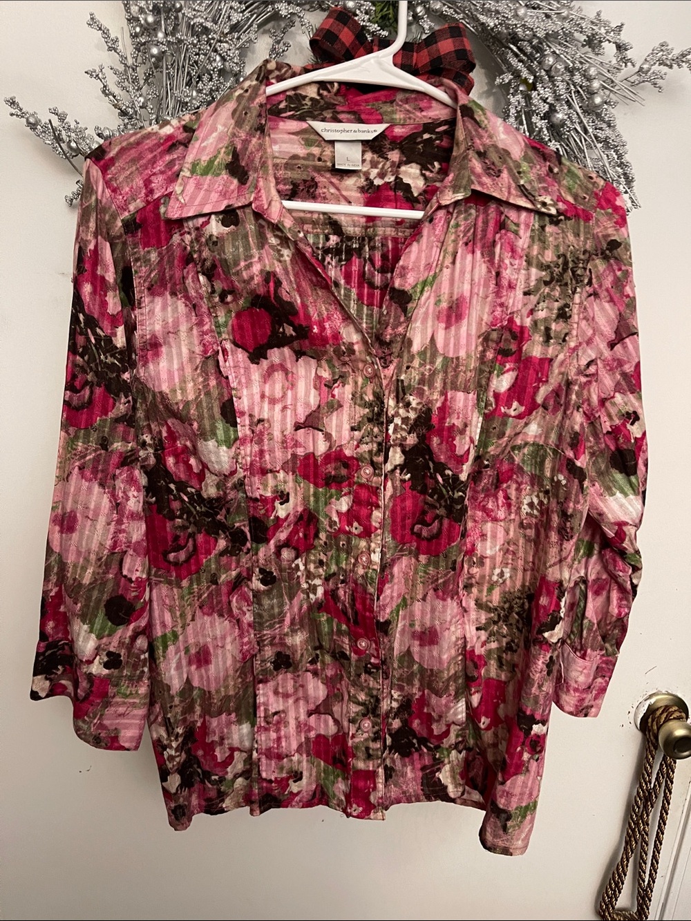Christopher & Banks Pink and Green Floral Button-Front Blouse
